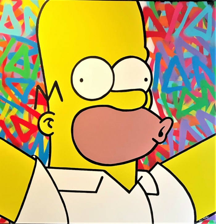 contemporain art inspiré des dessins animés, le personnage Simpson s'amuse sur fond de graffitis et en couleurs flourescents 