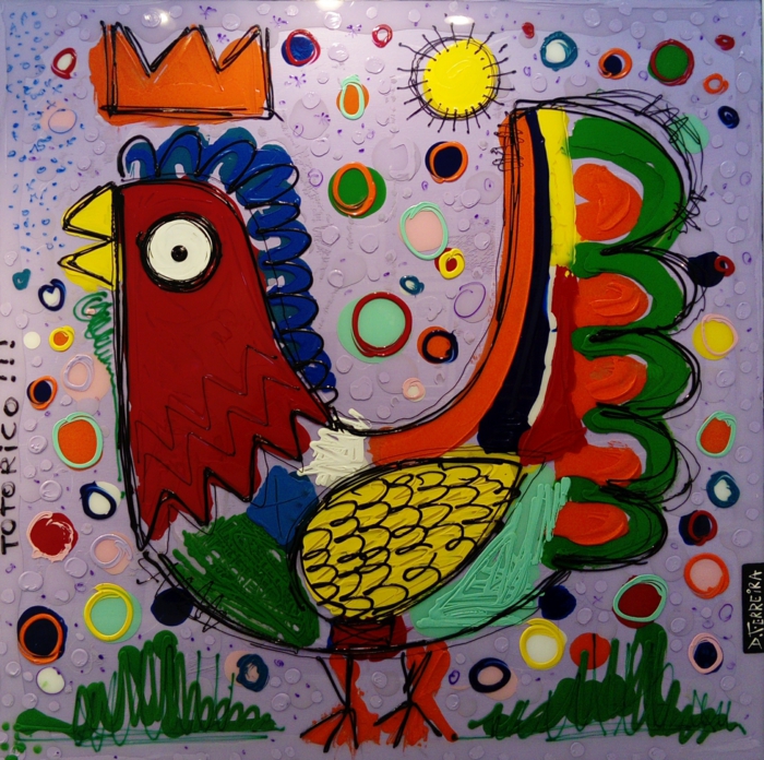 artiste contemporain David Ferreira un coq avec couronne de roi en couleurs vives, paysage avec un soleil jaune brillant, herbe verte, dessin avec signature de l'artiste