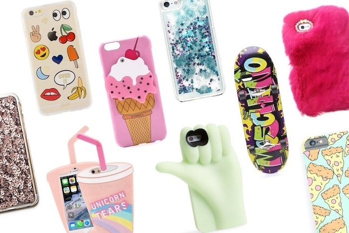 idee cadeau noel ado 15 ans, coque de téléphone portable personnalisée, motif emoji, glace, pizza, graffiti, licorne, main, pailelttes