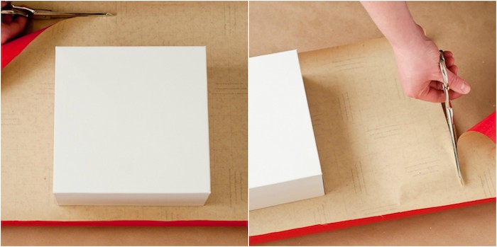 comment emballer un cadeau, une idée classique, tailler le papier pour l'adapter aux dimensions du boîte
