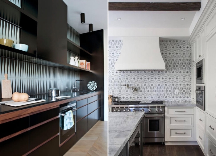 stickers carreaux de ciment, cuisine au plafond blanc et meubles noirs avec crédence aux motifs géométriques bleu et noir