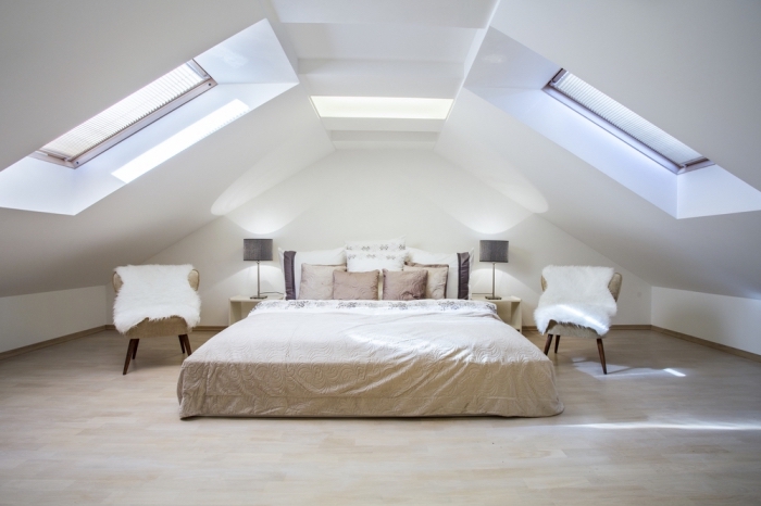 déco chambre sous pente, pièce blanche avec grandes fenêtres de plafond, meubles en style scandinave en bois clair