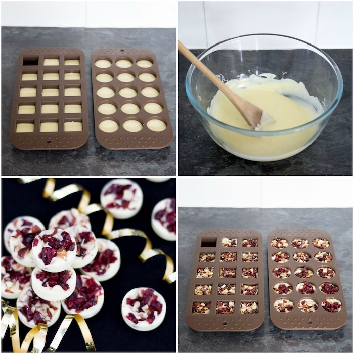 comment faire des bonbons de chocolat blanc dans une moule avec des canneberges séchées, dessert de noel facile