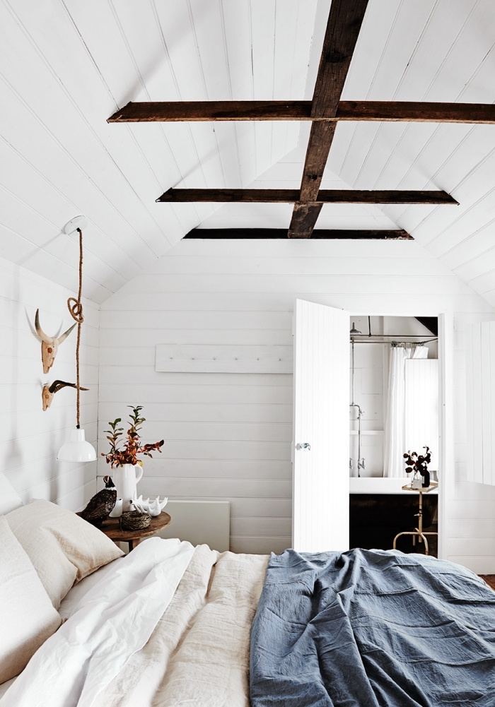 amenagement combles, chambre à coucher au grenier avec murs et plafond en bois peint en blanc