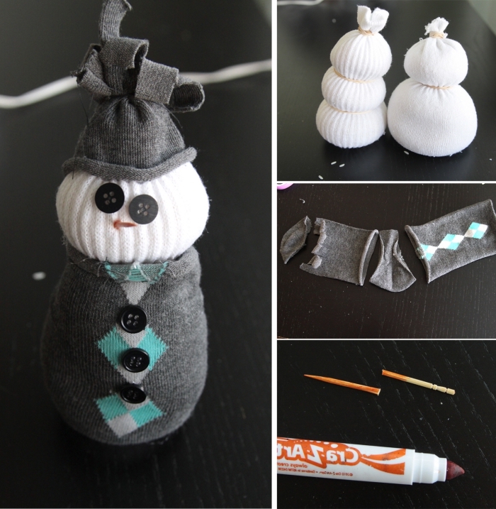 projet créatif pour les enfants à fabriquer avec chaussette et chutes de tissu, bonhomme de neige Halloween