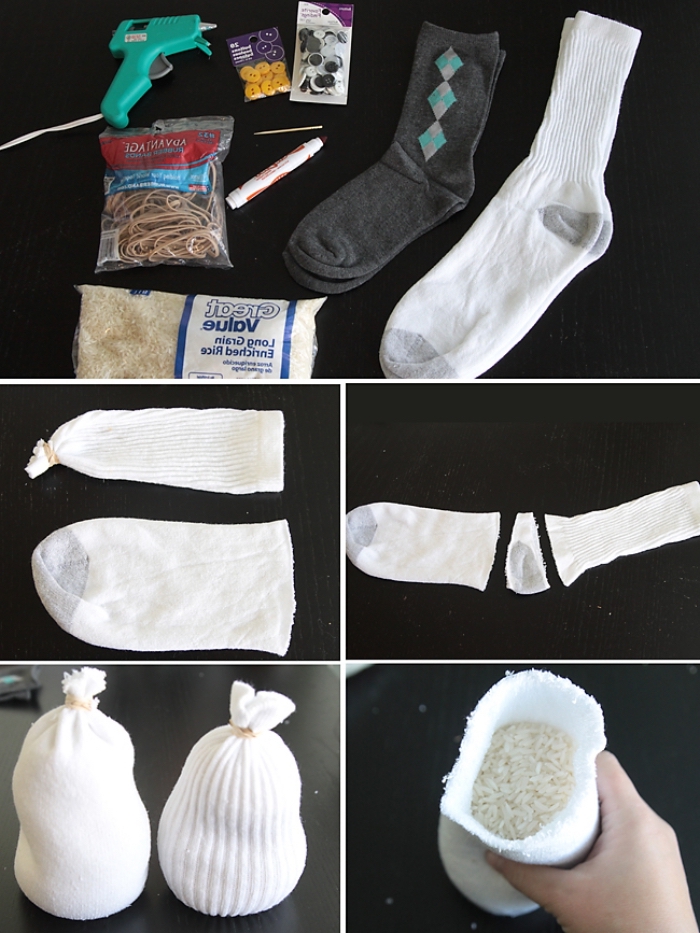 bonhomme de neige en laine, projet créatif pour enfants, figurine en chaussette et riz blanc