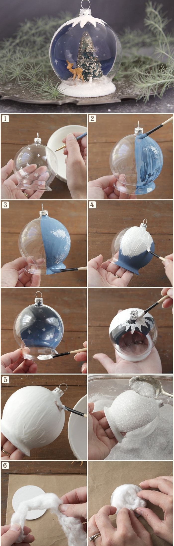 idée pour une decoration de noel fait main qui représente une boule de neige semi-transparente à peinture effet neige, avec des figurines de noël à l intérieur du globe