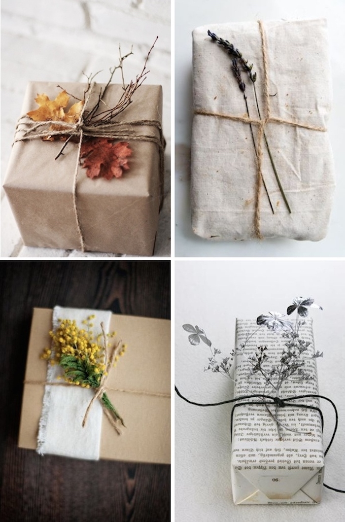 boite cadeau carton emballée de papier kraft, papier journal et de tissu, décoration naturelle de branches feuilles mortes et fleurs
