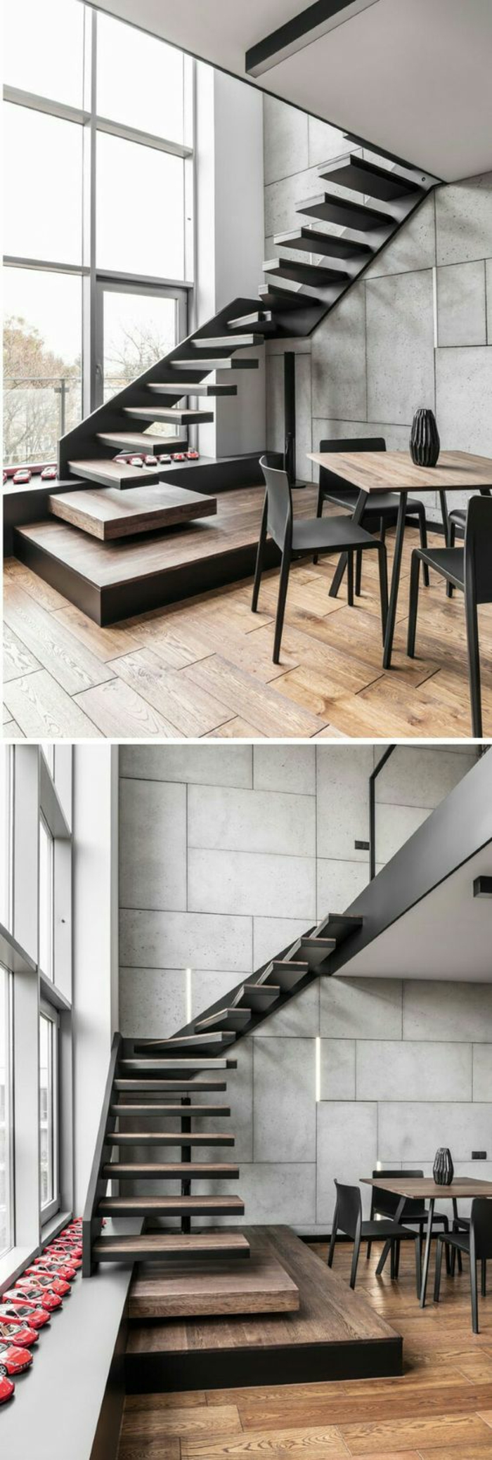 escalier moderne, escalier flin, en métal noir, murs gris, sol recouvert de parquet PVC, marches sans garde corps