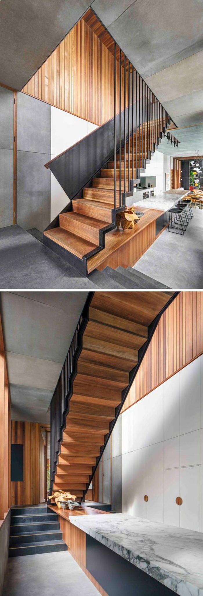 escalier moderne, escalier bois, en couleur chaude avec parties en métal noir, escalier sans limon central, escalier interieur 