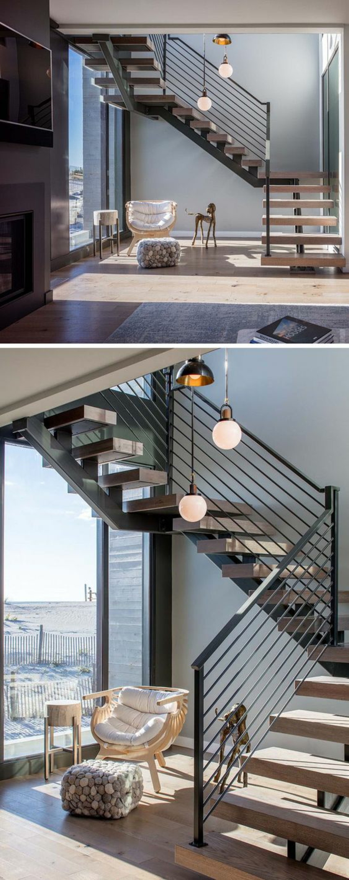 escalier design avec garde corps en métal noir et marches en bois clair, trois corps lumineux en forme de boules en verre blanc opaque, marches qui se déploient au-dessus d'un salon