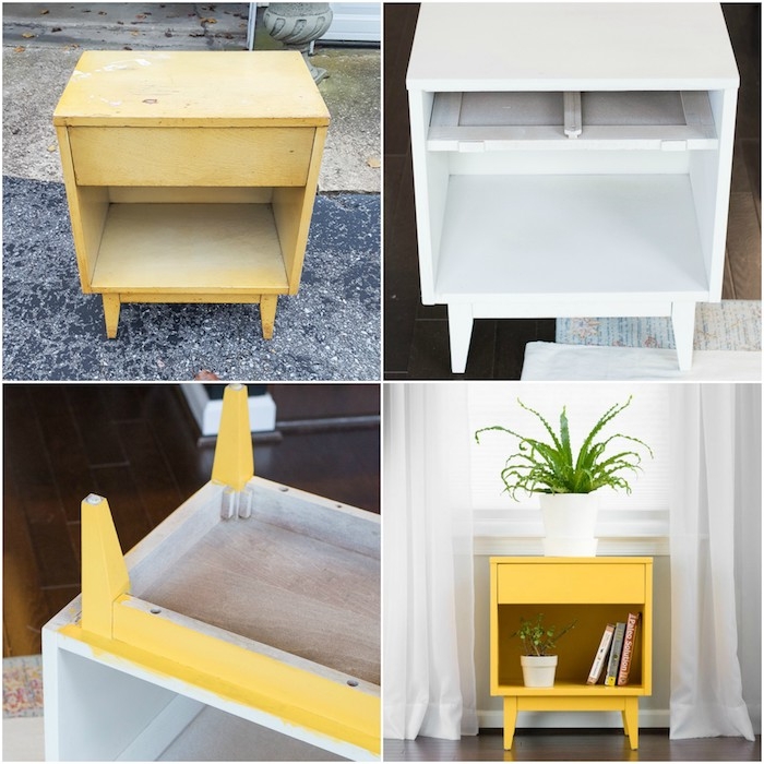 idée comment customiser un meuble à peinture jaune, petit rangement avec tiroir pour livres et plantes