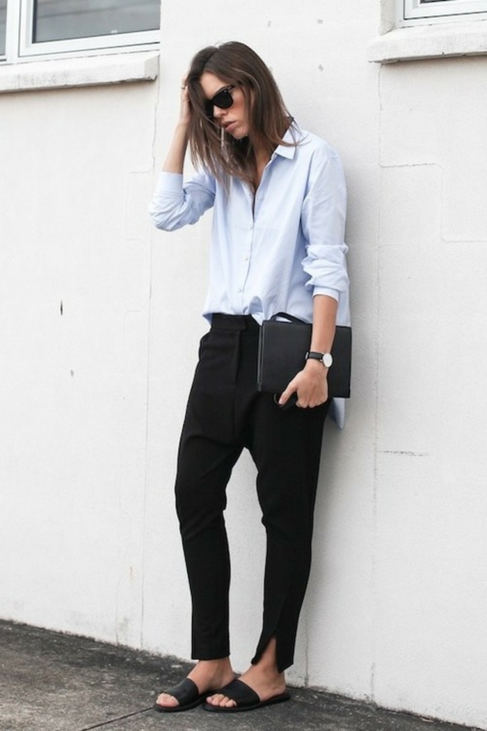 Tenues chic femme tenue chic et classe femme beauté et mode pantalon noir chemise bleu claire