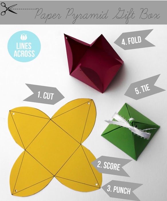 tuto paquet cadeau, petite boite en forme de pyramide, gabarit à imprimer et transformer en emballage avec pliage, origami japonais