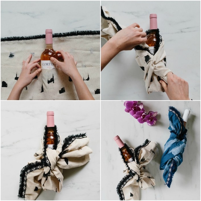 paquet cadeau origina, idée comment emballer une bouteille dans un carré de tissu écharpe, technique japonaise