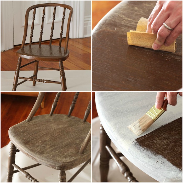 chaise relookée, idée comment repeindre un meuble en bois, poncer le bois et appliquer la primaire d accrochage