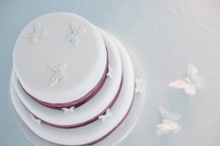 idée élégante de gateau couvert de glacage blanc, recette glace royale avec décoration de papillons blancs