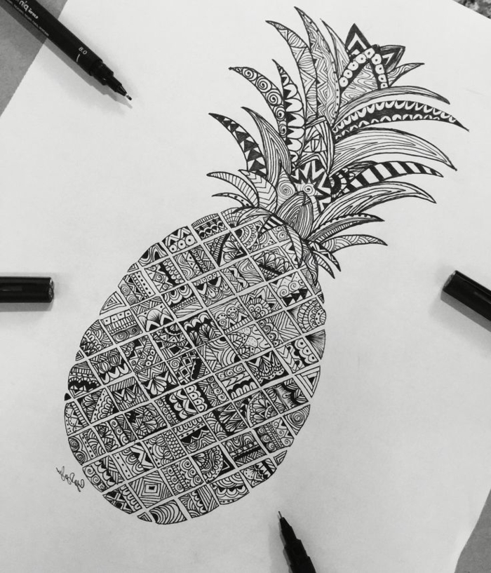 Style dessin super idée comment dessiner en noir et blanc image ananas géométriques formes