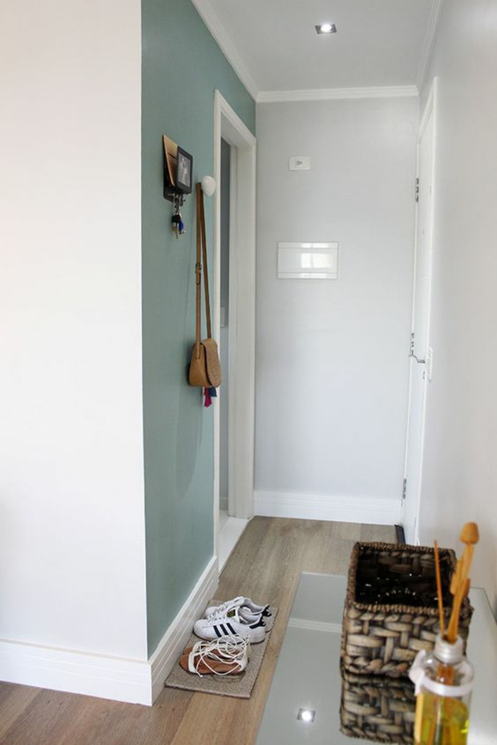 decoration couloir long et etroit avec mur en vert menthe, murs en blanc, parquet en PVC nuances marron clair et marron foncé, patère en forme de boule blanche 