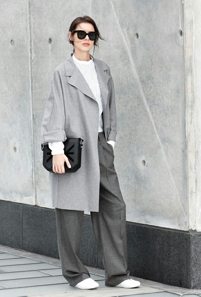 Idée tenue soirée pantalon look décontracté femme bien habillée tailleur gris manteau longue oversize swag tenue