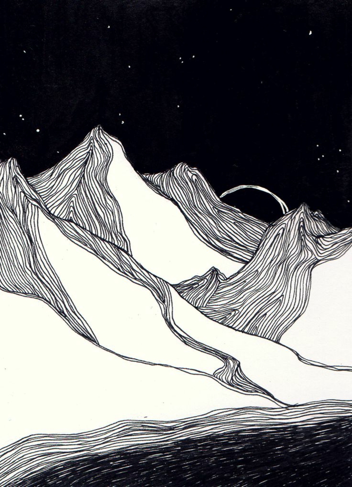Jolis dessins en noir et blanc à imprimer décoration maison art montagnes paysage nocturne