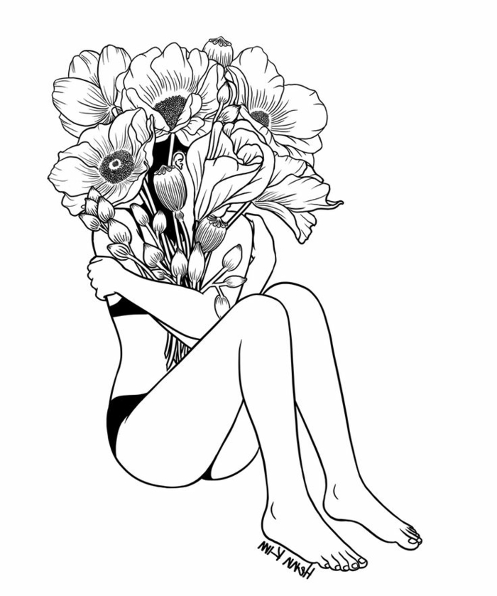 Oeuvre d art dessin noir et blanc femme à dessiner simple noir et blanc fleurs