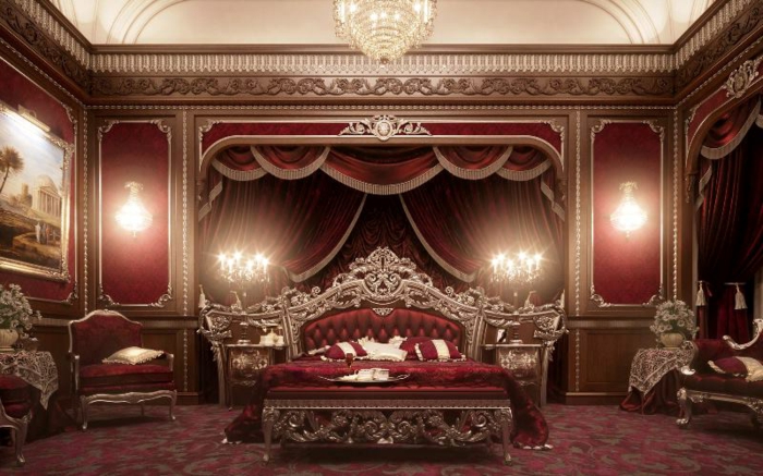 lit baroque, chambre rouge en style victorien, atmosphère majestueuse, couleur rouge royal
