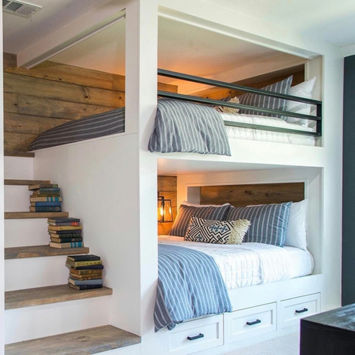 lit mezzanine 2 places, escalier en bois et blanc, deux lits superposés
