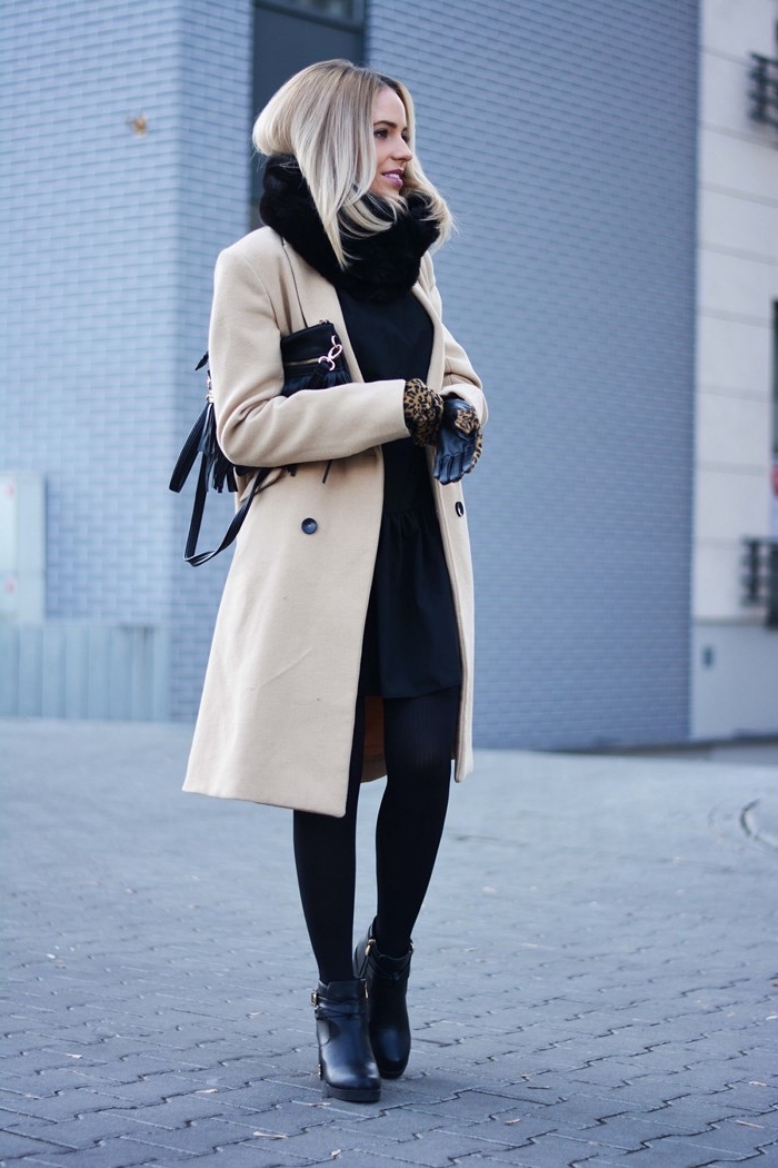 manteau hiver femme, s'habiller en coucher avec tunique noir portée avec pantalon slim noir et bottines noires