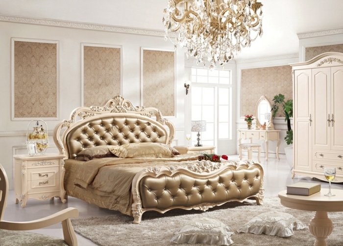 meuble baroque pas cher, lit pour chambre fantastique, lustre baroque, tapis taupe, armoire victorienne