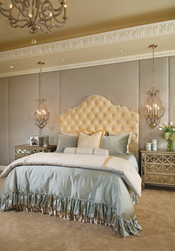 meuble baroque pas cher, éclairage original, mur en couleur taupe, tete de lit champagne