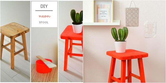 meuble relooké avant apres, un tabouret repeint de peinture rouge neon, cactus dans un pot de fleur blanc, bricolage facile