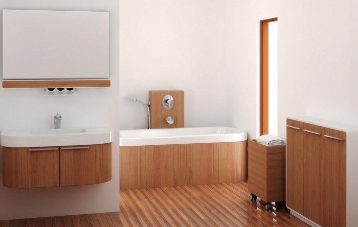 amenagement salle de bain, déco en blanc et bois, salle de bain avec plancher et meubles en bois