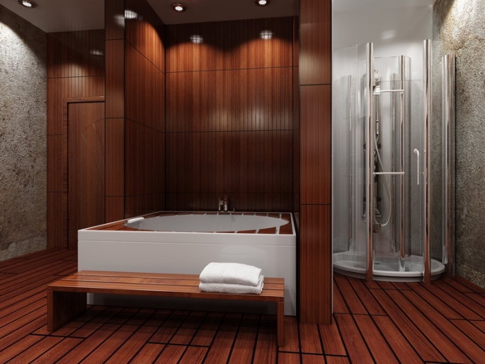 revetement sol, aménagement de salle de bain avec cabine de douche à finitions métalliques et jacuzzi blanc et bois