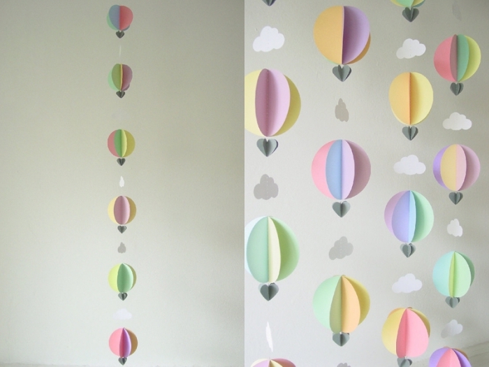 activité manuelle pour ado, modèle de guirlande diy réalisé avec papier en couleurs sous la forme de ballons à gaz