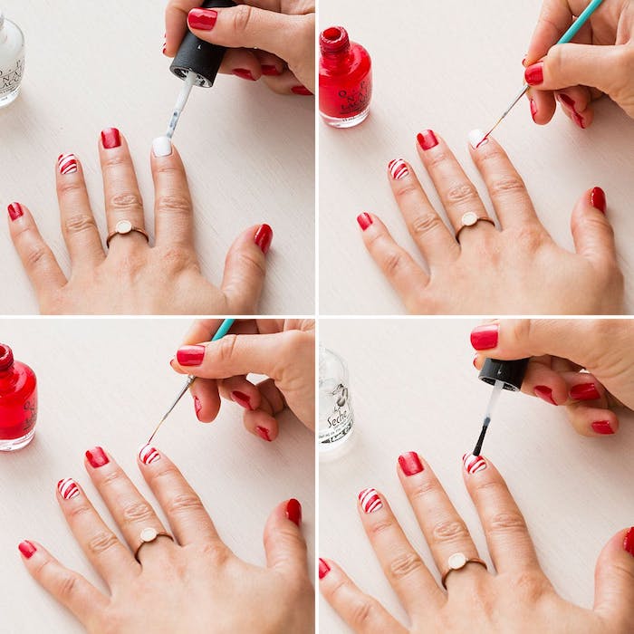 nail art noel facile, tutoriel pour faire un motif canne de bonbon en rouge et blanc, tutoriel étape par étape pour une deco ongles