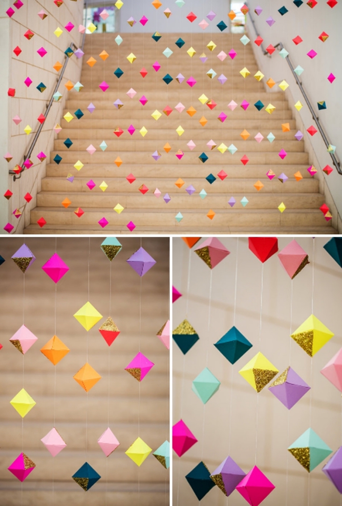 faire une guirlande en papier, décoration intérieur diy avec papier et fil, projet diy facile avec cubes multicolore