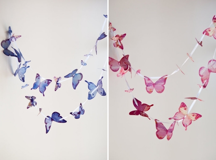 activité créative, guirlande décorative à design papillons bleu et rouge fabriqués de papier