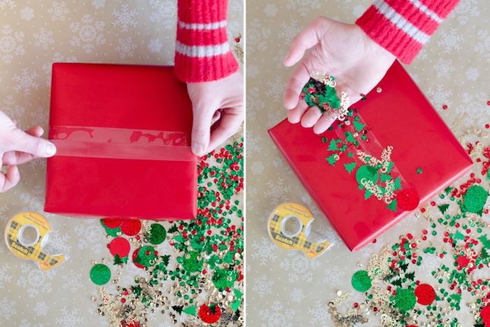idee comment faire un paquet cadeau simplement, boite rouge décoré d une bande adhésive avec paillettes rouges et vertes