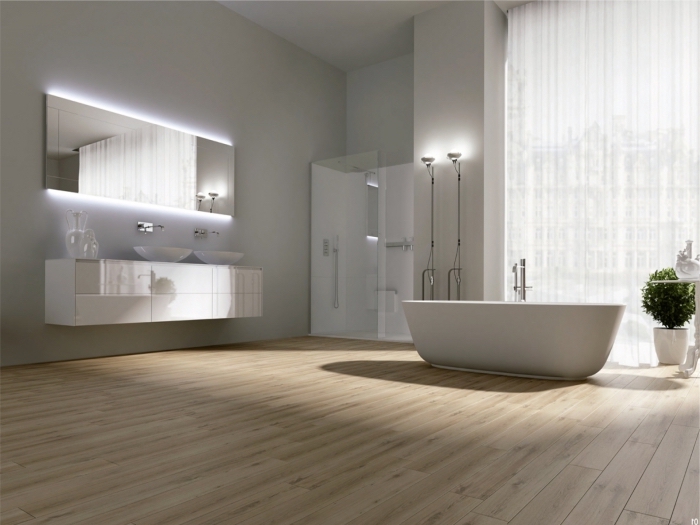 meuble vasque salle de bain, déco moderne avec meubles sans poignées et éclairage miroir néon blanc