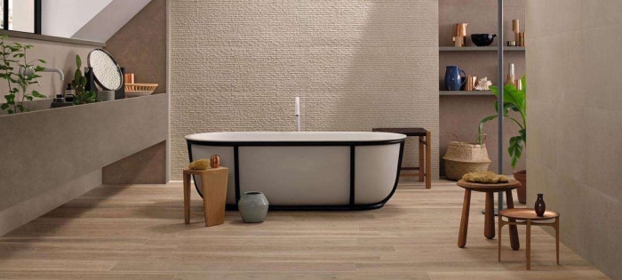 meuble d angle salle de bain, déco piècec sous pente avec peinture murale taupe et plancher en bois clair