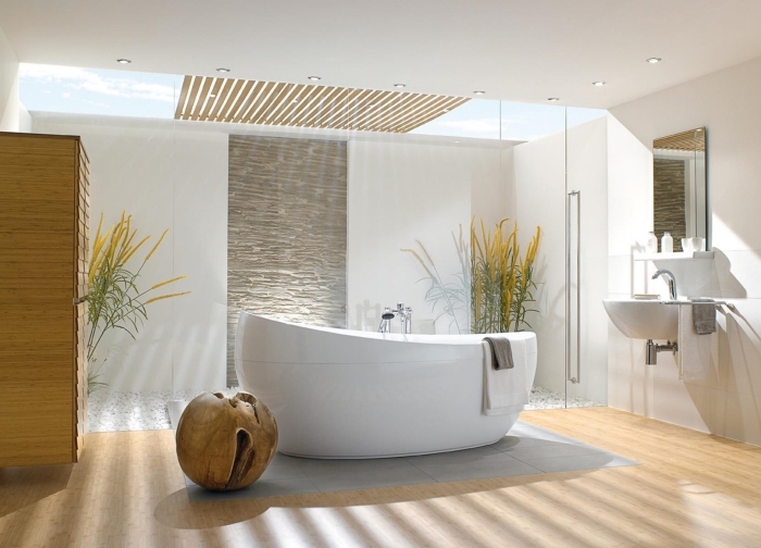 recouvrir carrelage sol, déco salle de bain zen avec galets blancs et plantes vert jaune, plancher en bois clair et carrelage gris