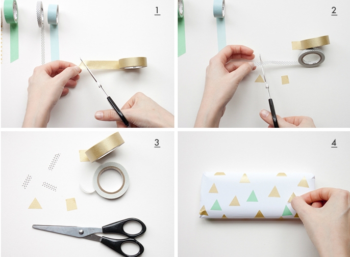 idée que faire avec du masking tape, décoration cadeau de triangles adhésifs coupés dans du washi tape pour décorer un paquet cadeau