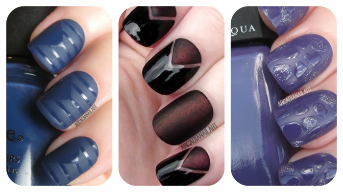 French manucure noir mat et brillant modèle nail art cool bleu rouge et violet exemples manucure