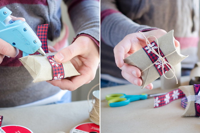 rabattre les extrémités et coller le ruban décoratif, idée tuto paquet cadeaux simple en rouleau de papier toilette recyclé