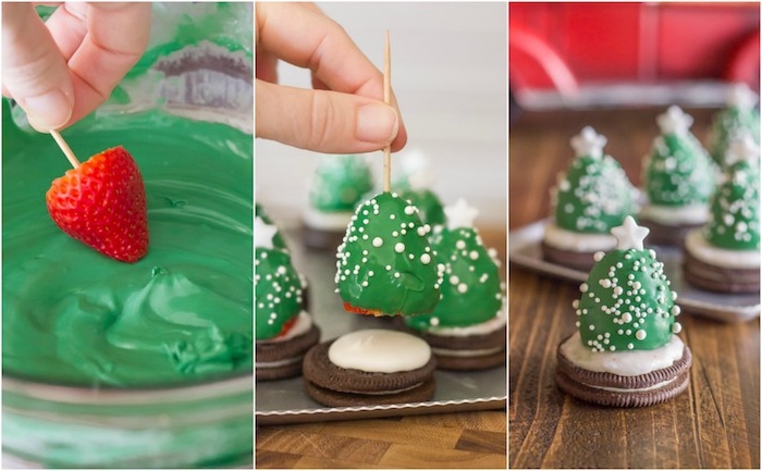 recette sablé de noel facile, fraises, couverts de chocolat vert avec deco de petites billes et étoiles blanche sur un biscuit oreo