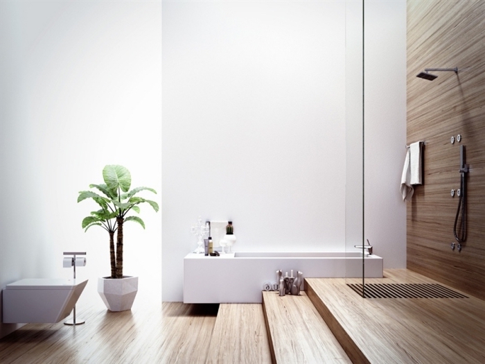 sol stratifié salle de bain, cabine de douche avec revêtement mural en bois et escalier, déco de bain en bois et blanc