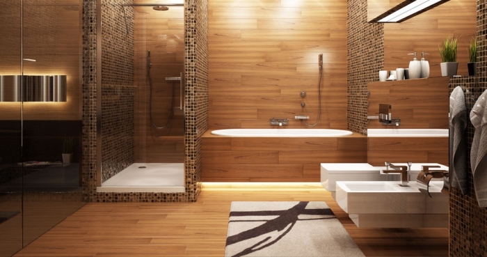 amenagement salle de bain, cabine de douche en verre et mosaïque marron et noir, éclairage de bain led et néon