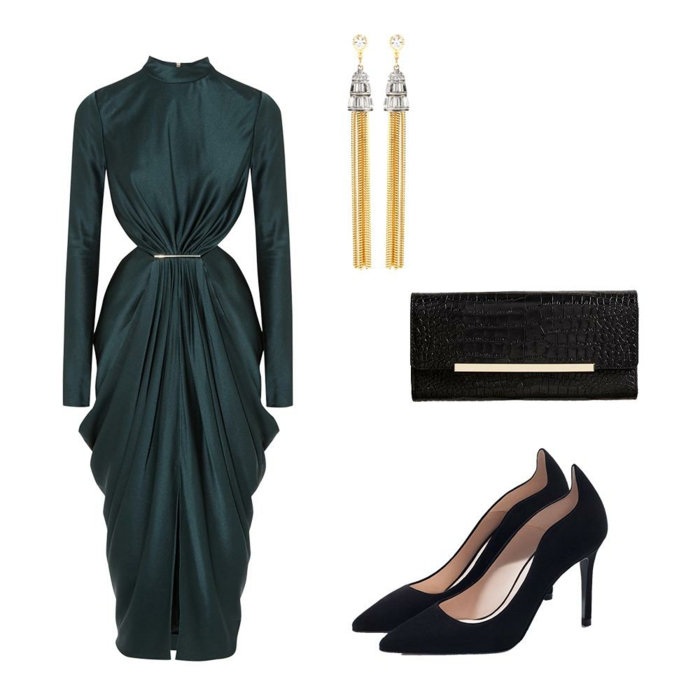 robe pour mariage en vert canard, avec des effets drapés sur les fesses, manches longues, col de type chinois, petite fente devant,broche longue en métal blanc sur la taille, pochette noire et escarpins noirs