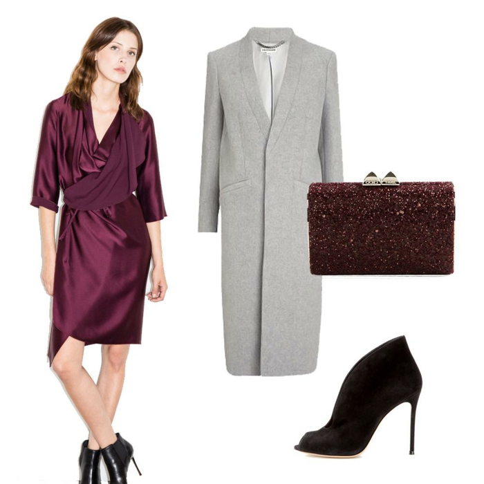 robe habillée pour mariage en bordeaux, tissu satiné, effet drapé devant, veste longue grise, pochette en strass marron, escarpin talon aiguilles noir Louboutin 